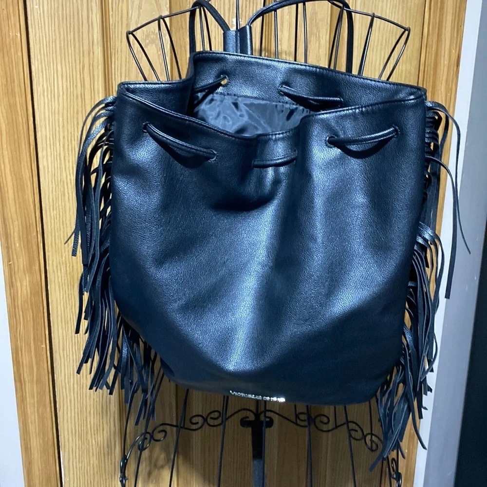 Victoria's Secret Black Fringe Tassel Backpack Drawstring Purse New - Picture 1 of 7